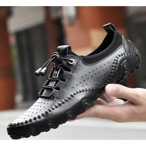 Men Leather Handmade Casual Genuine Shoes Luxury Brand Mens Breathable Sneakers Non-slip Black Flat Moccasins Big Size 38-47