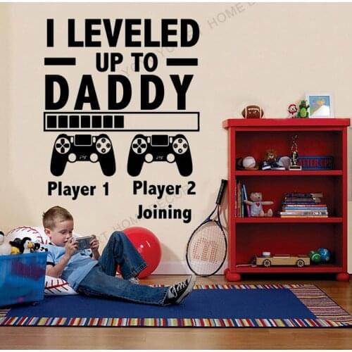 Game Design Wall Mural Gamer wall decals I Leveled up to DADDY..Words Controller game wall sticker Bedroom Vinyl Wall Art wx226