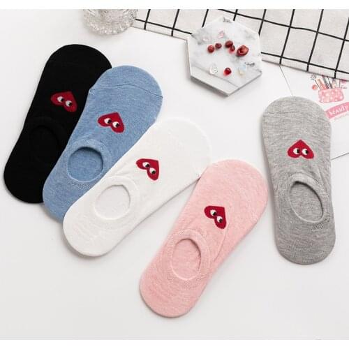 5 pairs Women Red Heart Cotton Spring Summer No Show Non-slip Short Boat Sock Girl Female Soft Stripe Invisible Sock Slippers
