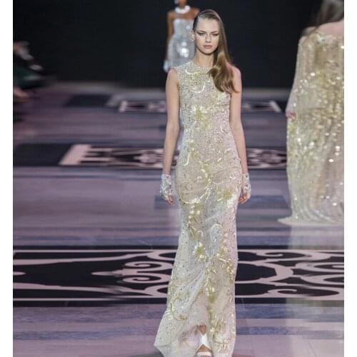 New Hand-Beading Fashion Show High Quality Embroidery Nude Sequin Long Dress Wholesale Wedding Party Outfit Clothing Wholesale