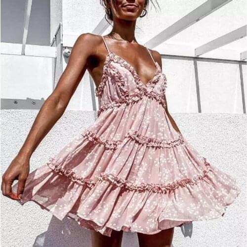 Sexy Backless Spliced dress straps V-neck summer dress floral print ruffle dress for women new sexy ladies dress