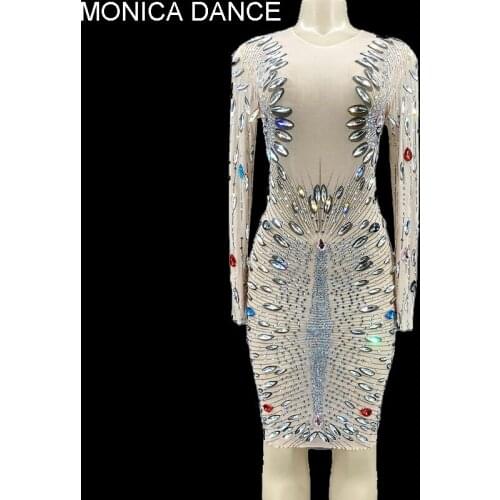 Sexy Sparkly Crystals See Through Short Dress Prom Party Birthday Evening Outfit Dress Celebrate Wear Rhinestone Dance Dress