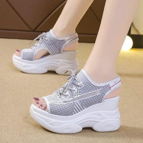 Chunky Heels Sandals Women Summer Wedges Heels Platform Sneakers Women Gray White High Heels Platform Sandals Sandalias Mujer