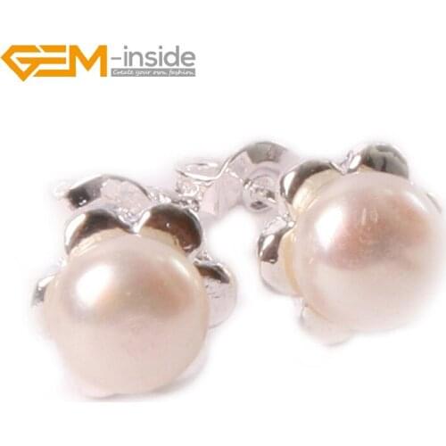 Gem-inside 6-7mm freshwater pearl white gold plate flower frame earring adjustable size For Women Trinket Gift DIY Jewelry