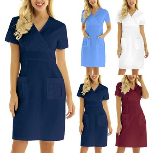 Nurse Working Uniforms 2021 Women Casual Short Sleeve V-neck Solid Work Uniform Pocket Dress Summer Medical Uniforms For Women