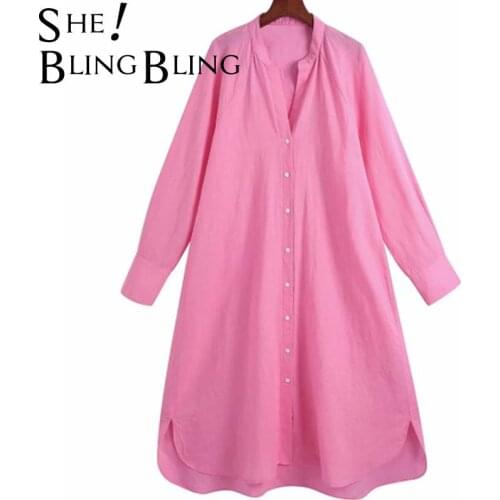 SheBlingBling 2021Za Women Shirt Oversize Blouses Long Sleeve Top Summer Pink Long Shirt Button Up Asymmetric Female Blouses