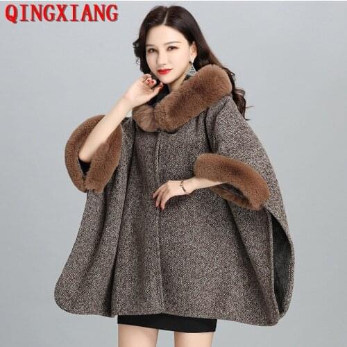 7 Colors Women Winter Thick Loose Poncho Fur Hat Big Pendulum Capes Plus Size Cloak Black Three Quarter Fur Sleeves Long Coat