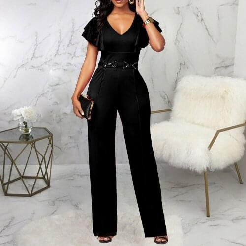 2021 Sexy Elegant Black Jumpsuits Summer New Plunging Neck Ruffle Collar Temperament V-neck High Waist Popular