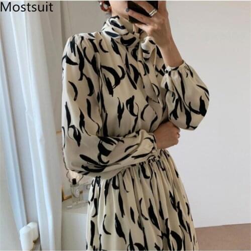 Korean Elegant Printed Women Long Dress 2021 Spring Full Sleeve Bow Collar Elastic Waist Office Ol Style Female Vestidos Femme