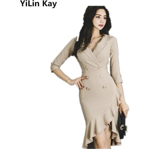 New arrival Autumn 2019 women high quality Sexy v-neck double-breasted Oblique lotus leaf hem women dress