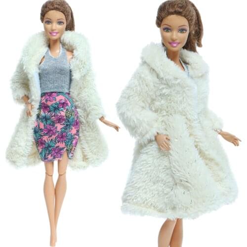 2 Pcs/Set Winter Doll Coat Dress Floral Skirt Fur Warmer Blouse Daily Dating Party Wear Clothes for Barbie Doll Accessories Toy