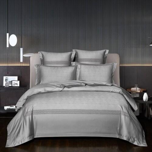 4Pcs Solid Color Grey Silver Duvet Cover Bed sheet Set Luxury Jacquard Egyptian Cotton Soft Bedding set Queen King size Bed set