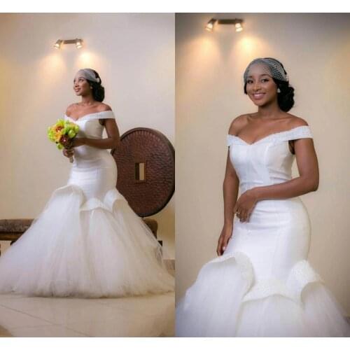 Beaded Trumpet Wedding Dresses Plus Size Off The Shoulder Mermaid Multi-Layers Tulle Satin African Bridal Gowns Wedding
