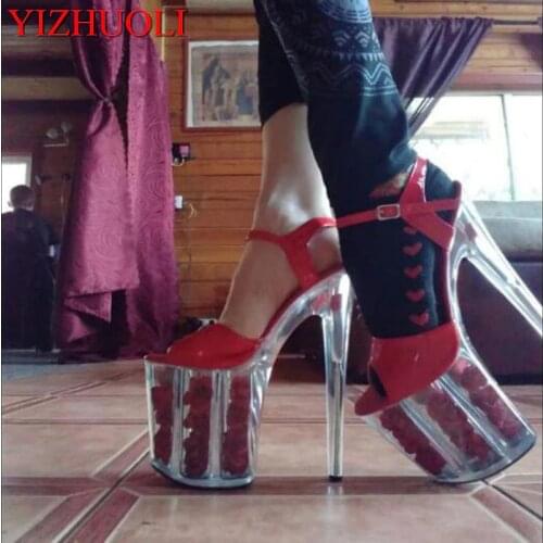8 inch chunky red rose crystal sandals, fashion white flower wedding shoes, 20cm pole dancing high-heeled sandals