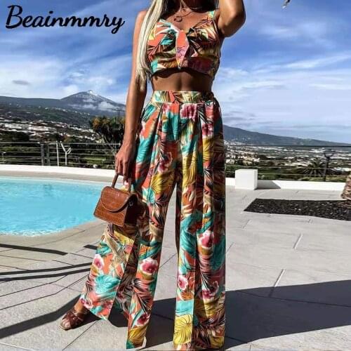 Women 2 Piece Sets Summer Print Boho Pant Suits Casual Sleeveless Bnadage Crop Tops Split Wide Leg Pant Beach Vacation Outfits