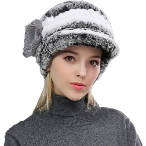Women Real Rex Rabbit Fur Peaked Hats With Fox Fur Ball Handmade Ladies Winter Warm Hats With Big Brim Fluffy Soft 10Colors