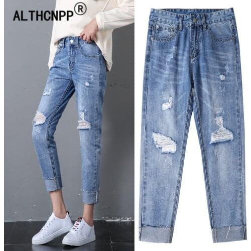 Jean Femme Korean Straight Blue Jeans Woman Ankle-length Pants Push Up Boyfriend Ripped Jeans for Women vaqueros mujer