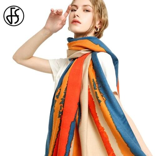 FS Autumn Winter Printing Women Pashmina Scarf Winter Color Big Strieped Scarves Long Soft Stole Scarves Two Side Satin Wrap