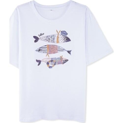 Harajuku Streetwear Womens Summer Short Sleeve T-shirt Female Cotton Tops Cartton Fish Print Loose Casual T shirt Tees Shirt