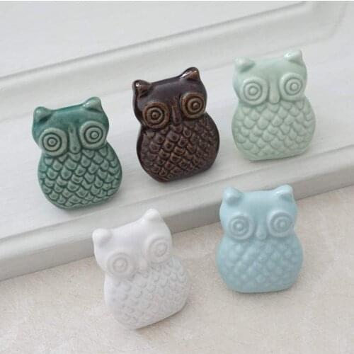 Cute Owl Knobs Ceramic Drawer Knob Pulls Kids Dresser Handle Pull Kitchen Cabinet Door Knob Child Blue Green Decor