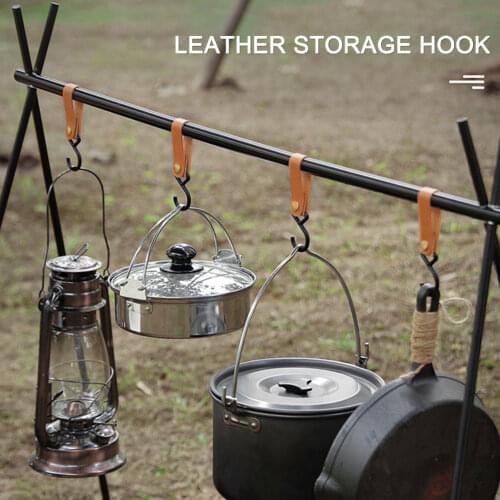 1pcs Outdoor PU Leather Hooks Camping Tripod Clothes Storage Portable Hiking 2x7cm Hanger Clothes Hook For Camp Supplies Durable