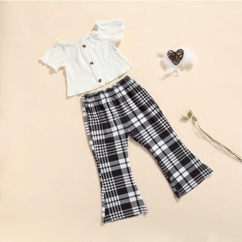 Toddler Girls Summer Knitted Clothes Short Sleeves Button Top + Plaid Flared Pants Children Casual RufflesOutwear Suits