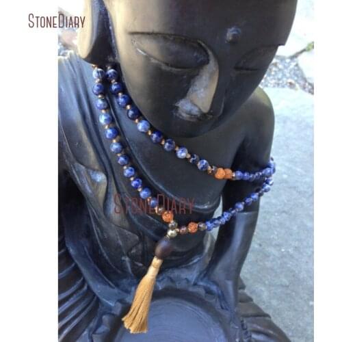 Fashion Lotus Seed Denim Blue Bohemian Yoga Necklace Hand Knotted Sodalite Bronzite & Rudraksha 108 Bead Mala Necklace NM11024