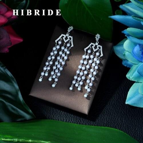 HIBRIDE Trendy Luxury Long Tassels Dangle Earrings for Women Wedding Cubic Zircon African Dubai Bridal Pearl Earring E-69