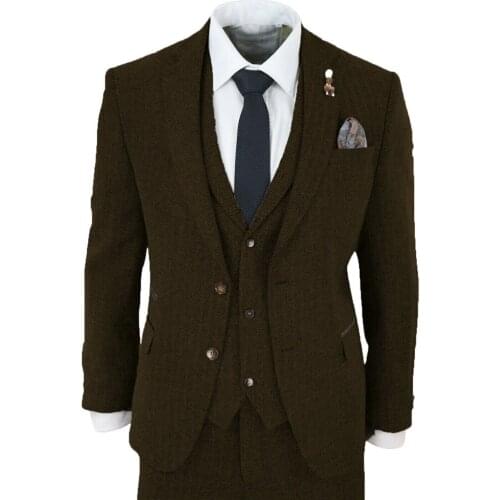 Winter Tweed Herringbone Formal Men Suits 2021 Smoking Business 3 Pieces Jackets+Vest+Pants Blazer Groom Wear Tuxedos Masculino
