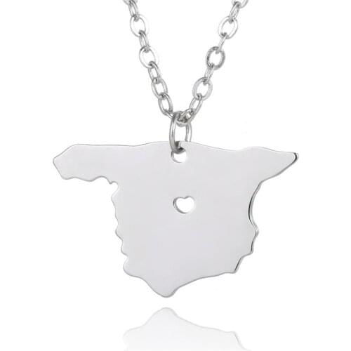 Wholesale Trendy Spain Map Necklace Spain Stainless Steel Heart Pendant Necklace Women Fashion Map Jewellery Gift