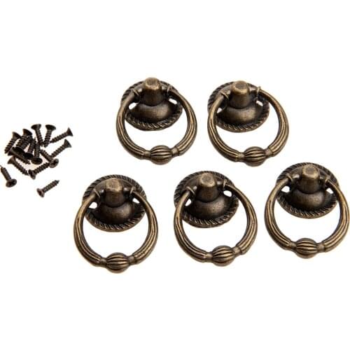 5Pcs Antique Furniture Knobs for Wood Box Kitchen Drawer Cabinet Door Handle Cupboard Brass Ring Pull Handles Bronze 37x27mm