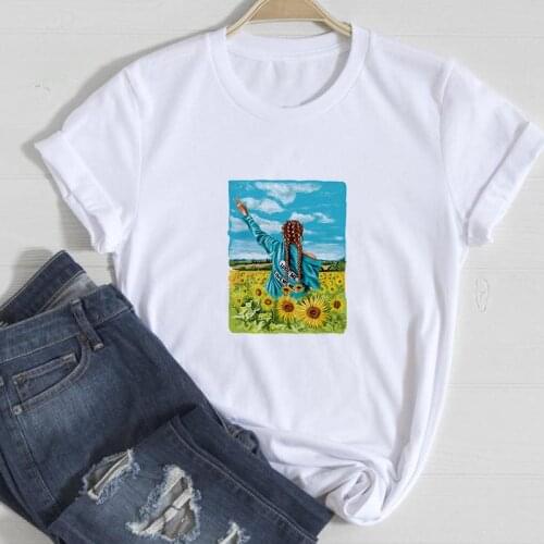 Women Sunflower girl Printed Harajuku Graphics Short Sleeve Ladies Clothes Lady Tees Tops Female T Shirt Womens O-neck T-Shirt