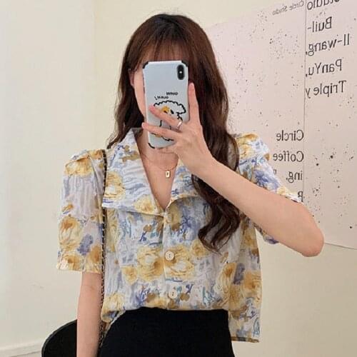 2021 Summer Office Short Sleeve Womens Shirt Blouse Casual Ink printing Button Ladies Shirts Chic Turn-Down Collar Female Tops