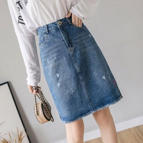 Lucyever Tassel Women Denim Skirt Fashion Plus Size Embroidery Ripped Jean High Waist A Line Pocket Cotton Jeans Midi Skirt