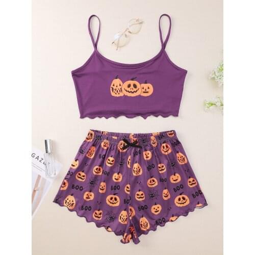 Halloween Womens Sleeveless Vest Elastic Waist Short Pants Pajama Set Pumpkin Print Camisole With Shorts Sleepwear Home Wear