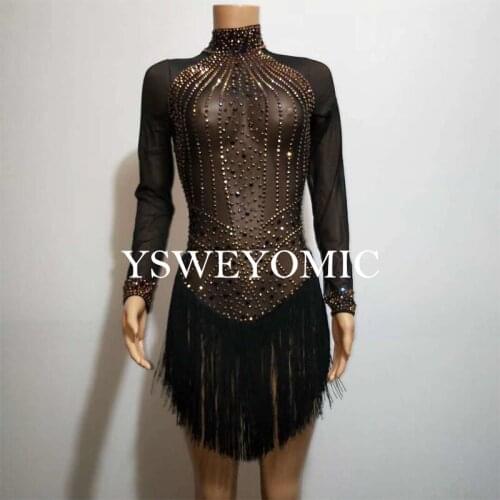 Colorful Rhinestones Transparent Black Mesh Bodysuit Womens Diamonds Tassel Dance Costume Latin Dress Outfit Singer Dancer 06