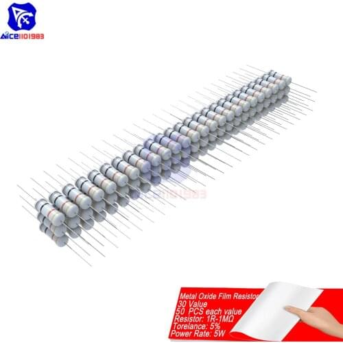 50PCS Metal Oxide Film Resistor 5% 5W 1R-1MΩ 1R 4.7R 10R 100R 220R 1K 2.2K 4.7K 6.8K 10K 22K 47K 100K 470K 1MΩ Ohm Resistance