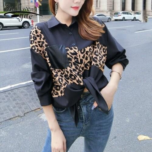 2021 Autumn Fashion Women Shirts Casual Turn-down Collar Spliced Women Tops Long Sleeve Leopard Women Blouses 6139 50