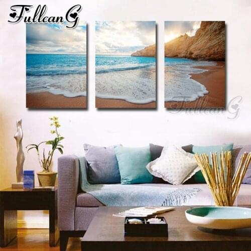 FULLCANG 5d diy diamond embroidery sale calm sea landscape painting triptych full square round drill home decoration FC3526