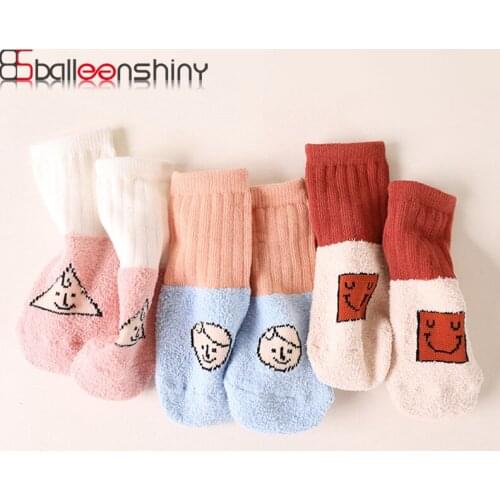 Balleenshiny Cartoon Soft Coral Velvet Baby Socks for Boy Girls Vertical Stripes Stitching Childrens Warm Socks Kids Sock