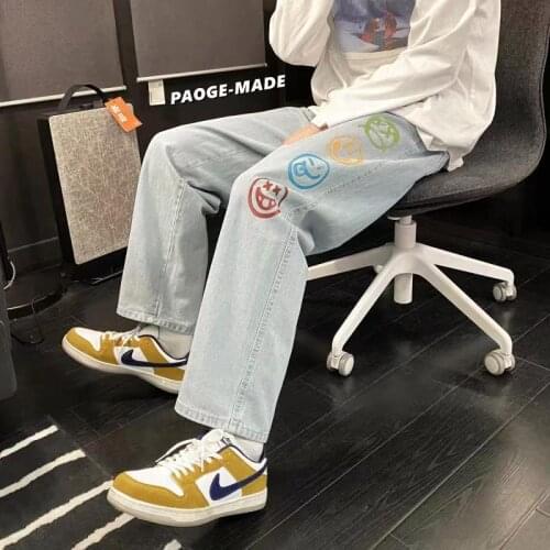 Colorful Smiley Printed Black Jeans for Mens Straight Leg Denim Pants Teen Hip Hop Clothing Oversized Baggy Trousers Streetwear