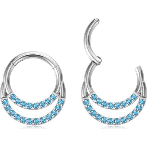 HONGTU 1PC Double Lined Paved CZ Gem Septum Ring Nipple Daith Piercing 16G Surgical Steel Cartilage Hinged Clicker Segment Hoop