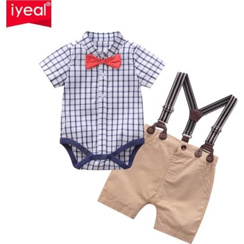 IYEAL Baby Boy Clothing Sets Infants Newborn Boy Clothes Shorts Sleeve Tops+Suspenders Gentleman Outfits Summer Bebes Clothing