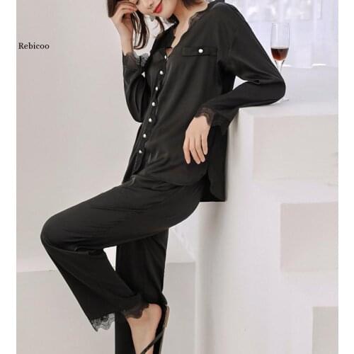 Summer Pajamas Women Set Faux Silk Sleepwear Long Sleeve Lace Nightwear Plus Size Black/White Pjs Loungewear Homewear Night Suit