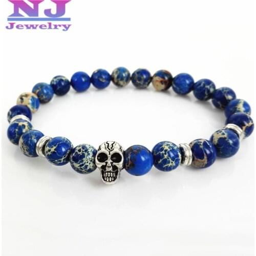 Hot Sale High Grade Mens Bracelet Wholesale 8mm Blue Sea Sediment Stone Beads with Antique Silver Skull Bracelet,Jewelry Gift