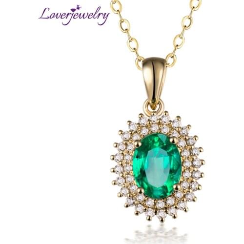 LOVERJEWELRY Emerald Pendant For Party Women Real 18KT Yellow Gold 100% Genuine Diamonds Zambia Natural Emerald Necklace Pendant