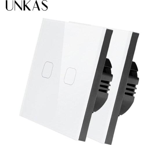 UNKAS AC220V, 1/2/3 Gang 1 Way Light Wall Screen EU Standard Touch Switch Tempered Crystal Glass Panel 2 Pcs