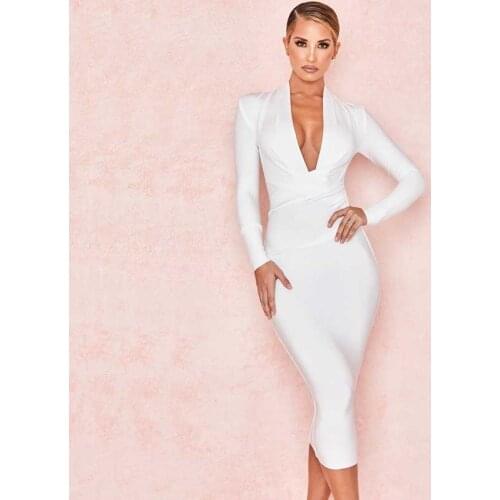 Wholesale 2020 Newest Women Black White Red Blue Long Sleeve Deep V-Neck Sexy Night Club Celebrity Boutique Bandage Dress