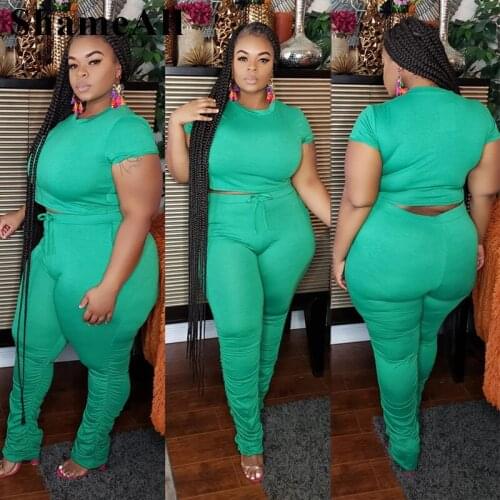 Plus Size Crew Neck Shirts Stacked Leggings 2 Two Pieces Tracksuits 4XL Summer Crop Tops Skinny Jeggings Pants Sweatpants Sets