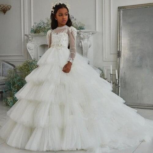 Luxurious Tiered Long Sleeve Flower Girl Dresses Princess Jewel Neck Girls Birthday Party Christmas First Communion Gowns